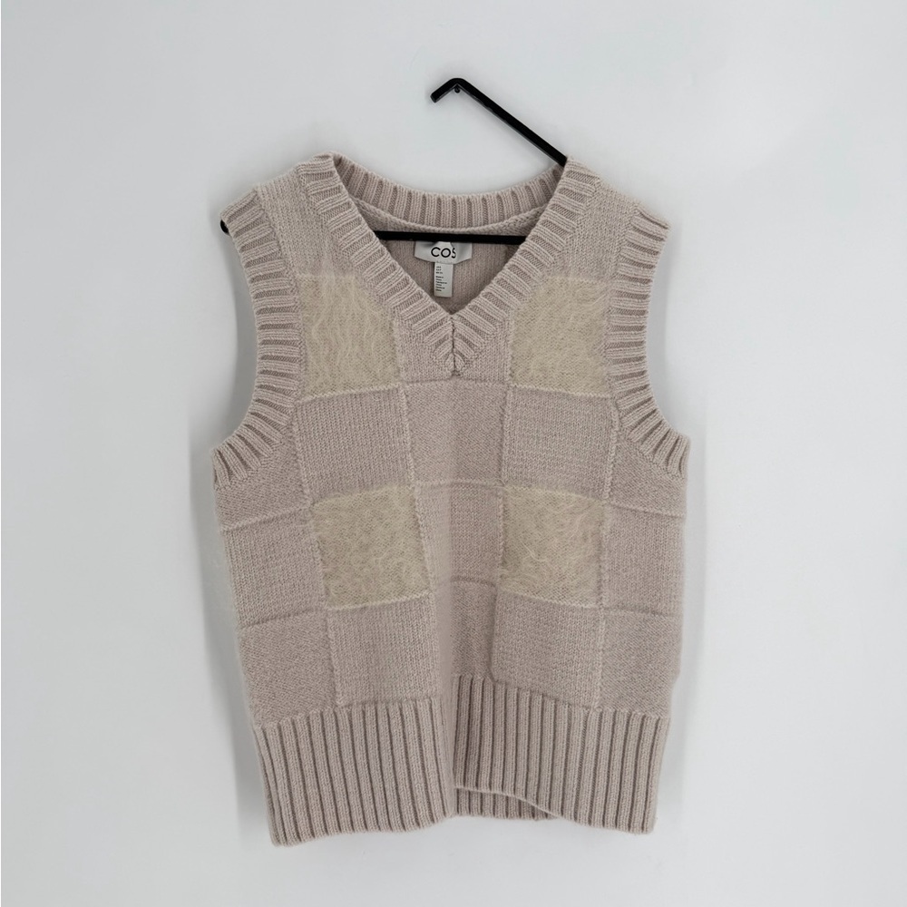 Cos Checked Mohair Wool Blend Sleeveless V Neck Fuzzy Sweater Vest